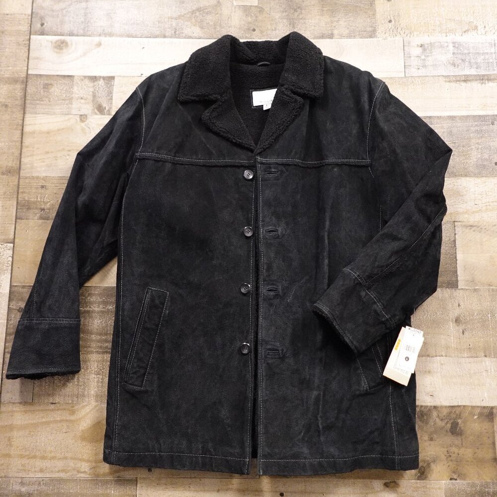 Wilsons Leathers Suede Coat men's Large black faux shearling NEW NWT
